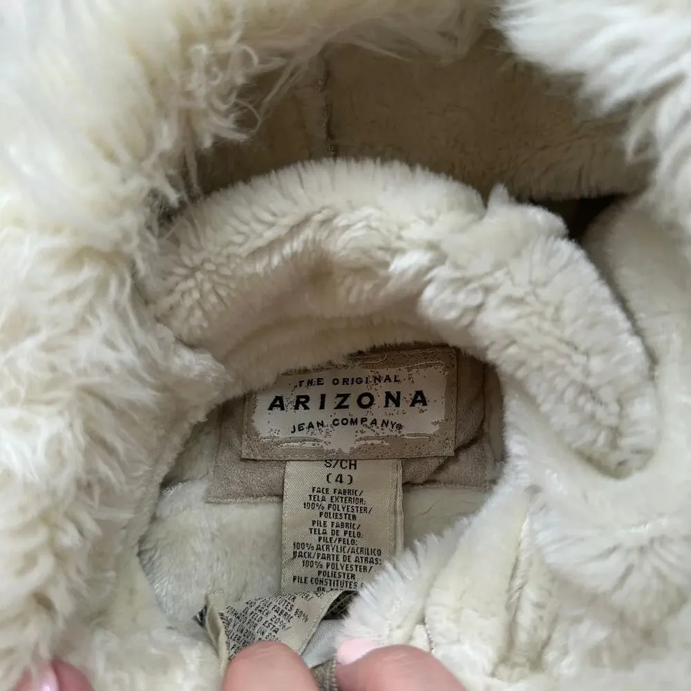 Arizona Jean Co Girls Tan Faux Suede Sherpa Embroidered Y2K Hooded Winter Coat 4